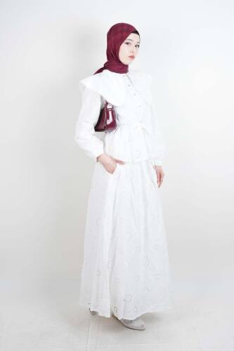 Tesettür Takım Geniş Bebe Yaka Bel Lastikli Fisto Etekli İkili Takım Beyaz - 03Kız Kulesi Teks (1)