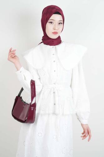Tesettür Takım Geniş Bebe Yaka Bel Lastikli Fisto Etekli İkili Takım Beyaz - 4