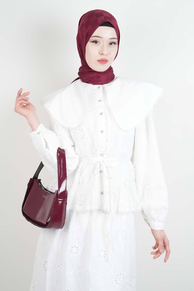 Tesettür Takım Geniş Bebe Yaka Bel Lastikli Fisto Etekli İkili Takım Beyaz - 4