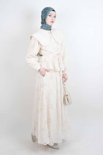 Tesettür Takım Geniş Bebe Yaka Bel Lastikli Fisto Etekli İkili Takım Krem 