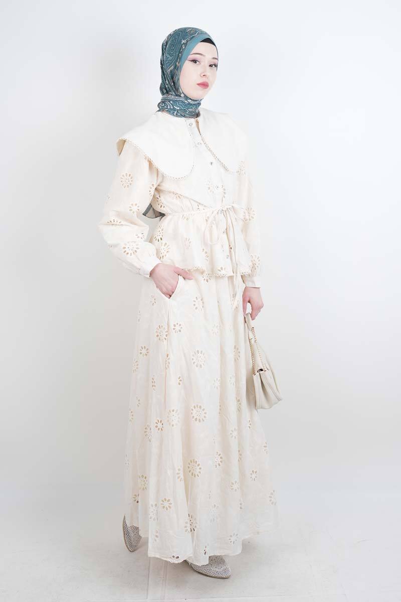 Tesettür Takım Geniş Bebe Yaka Bel Lastikli Fisto Etekli İkili Takım Krem - 1