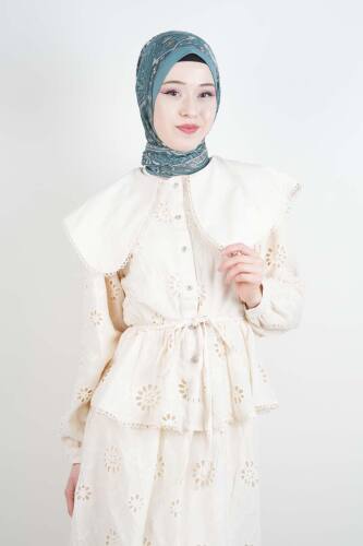 Tesettür Takım Geniş Bebe Yaka Bel Lastikli Fisto Etekli İkili Takım Krem - 3