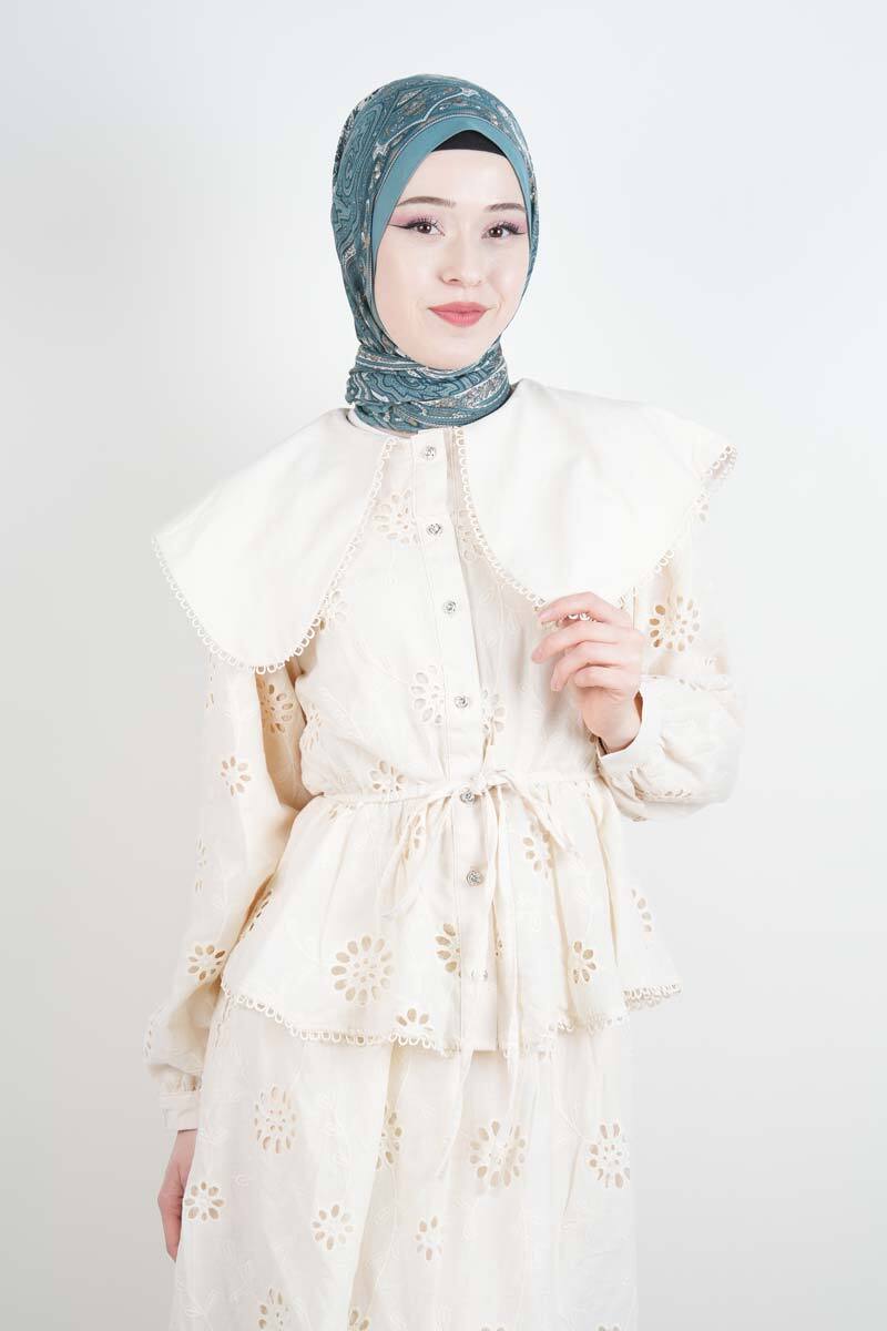 Tesettür Takım Geniş Bebe Yaka Bel Lastikli Fisto Etekli İkili Takım Krem - 3