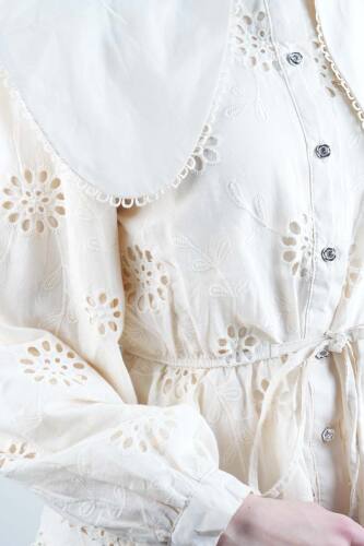 Tesettür Takım Geniş Bebe Yaka Bel Lastikli Fisto Etekli İkili Takım Krem - 4