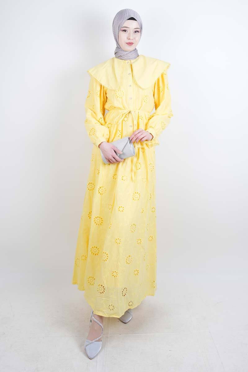 Tesettür Takım Geniş Bebe Yaka Bel Lastikli Fisto Etekli İkili Takım Sarı - 1