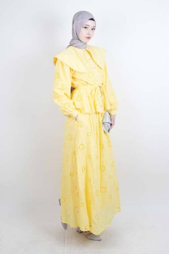 Tesettür Takım Geniş Bebe Yaka Bel Lastikli Fisto Etekli İkili Takım Sarı - 03Kız Kulesi Teks (1)