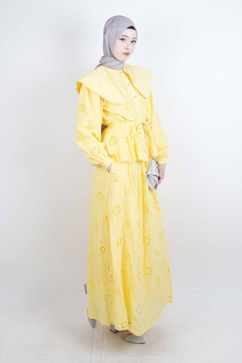 Tesettür Takım Geniş Bebe Yaka Bel Lastikli Fisto Etekli İkili Takım Sarı - 2