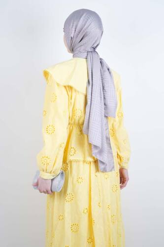 Tesettür Takım Geniş Bebe Yaka Bel Lastikli Fisto Etekli İkili Takım Sarı - 3