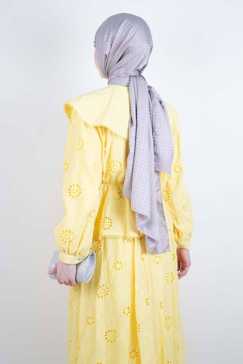 Tesettür Takım Geniş Bebe Yaka Bel Lastikli Fisto Etekli İkili Takım Sarı - 3