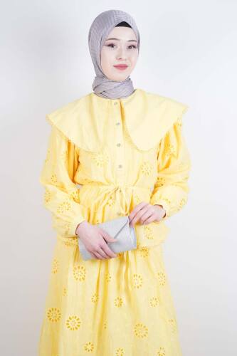 Tesettür Takım Geniş Bebe Yaka Bel Lastikli Fisto Etekli İkili Takım Sarı - 4