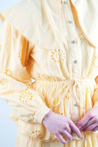 Tesettür Takım Geniş Bebe Yaka Bel Lastikli Fisto Etekli İkili Takım Sarı - 5