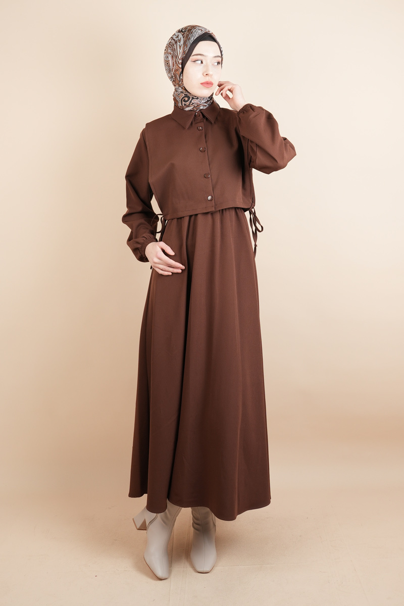 Tesettür Takım Gömlek Süveter Elbise Bukre Takım Kahverengi - 1
