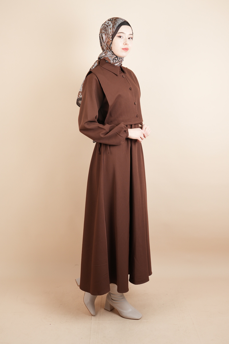 Tesettür Takım Gömlek Süveter Elbise Bukre Takım Kahverengi - 2
