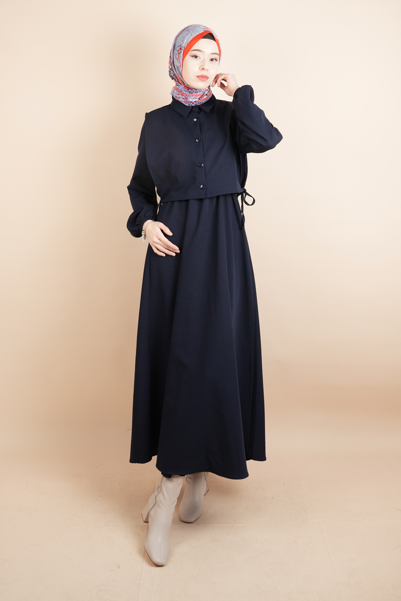 Tesettür Takım Gömlek Süveter Elbise Bukre Takım Lacivert - 1