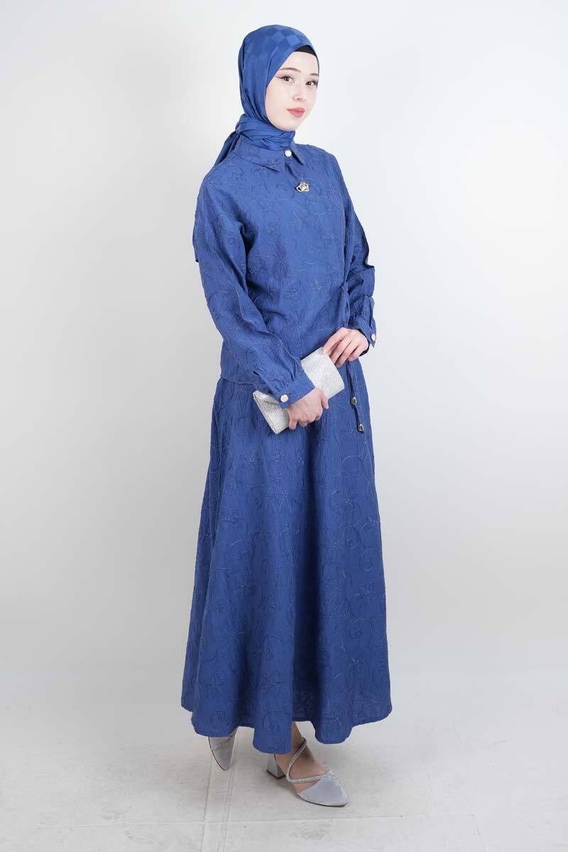 Tesettür Takım Kendinden Çiçek Kabartmalı Desenli Etekli İkili Takım Mavi - 2