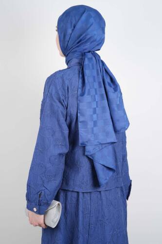 Tesettür Takım Kendinden Çiçek Kabartmalı Desenli Etekli İkili Takım Mavi - 3