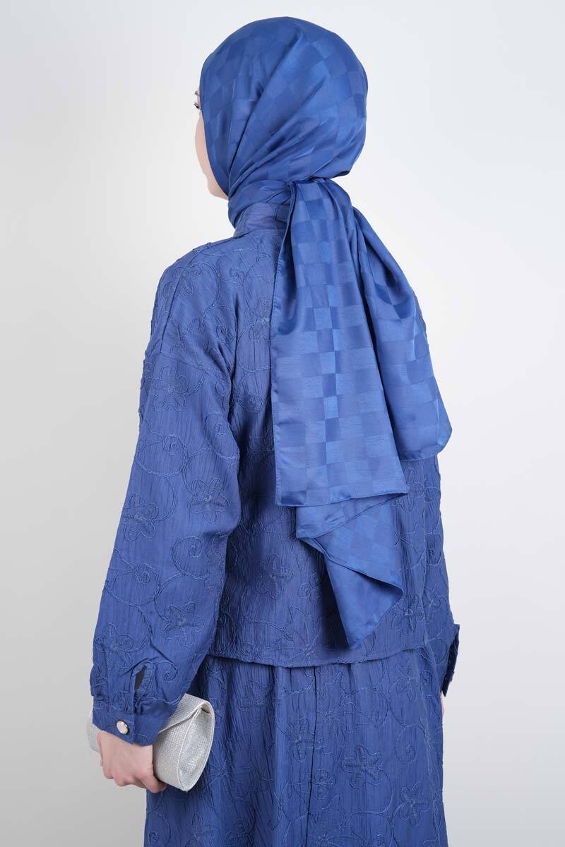 Tesettür Takım Kendinden Çiçek Kabartmalı Desenli Etekli İkili Takım Mavi - 3