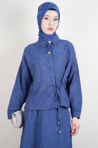 Tesettür Takım Kendinden Çiçek Kabartmalı Desenli Etekli İkili Takım Mavi - 4