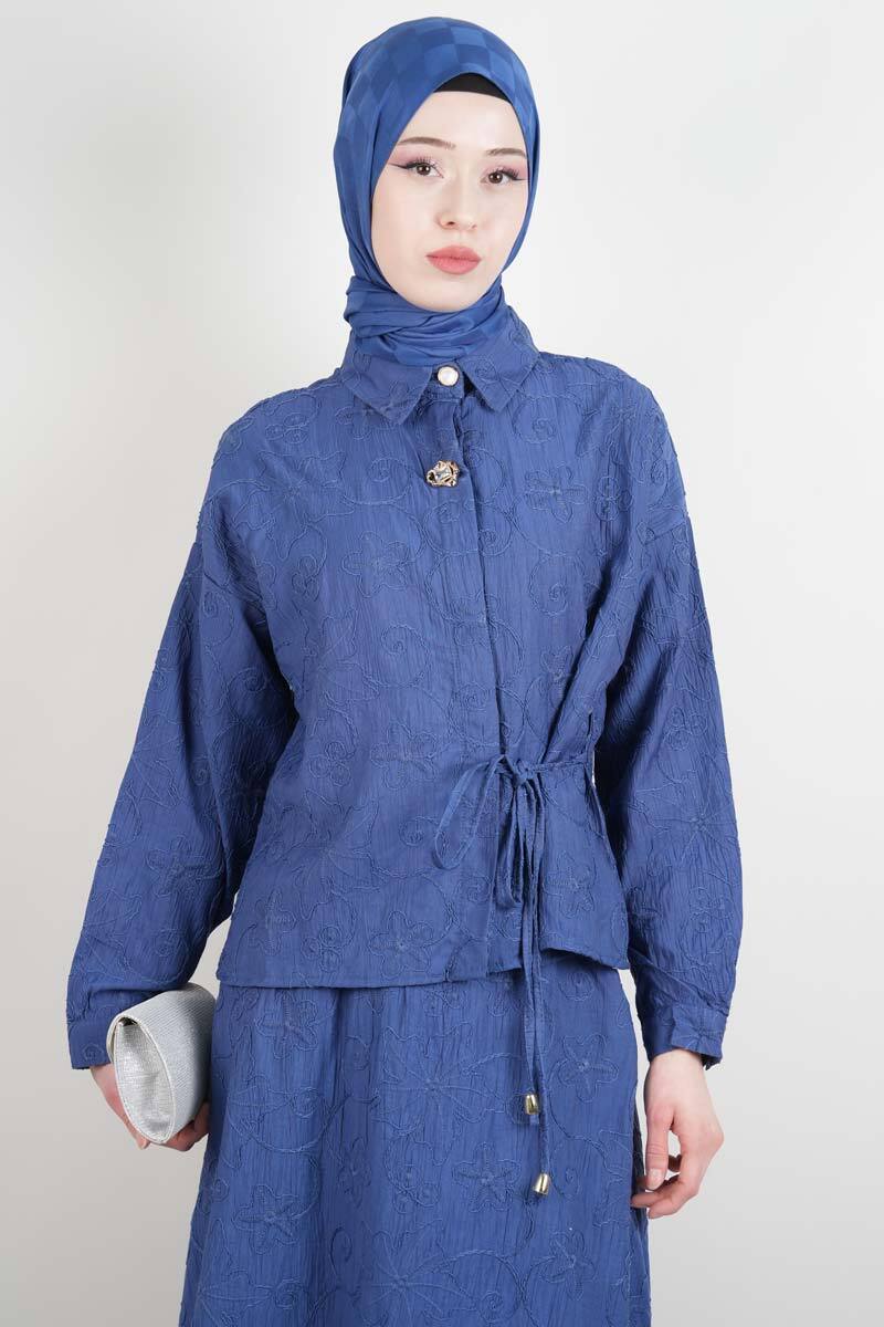 Tesettür Takım Kendinden Çiçek Kabartmalı Desenli Etekli İkili Takım Mavi - 4