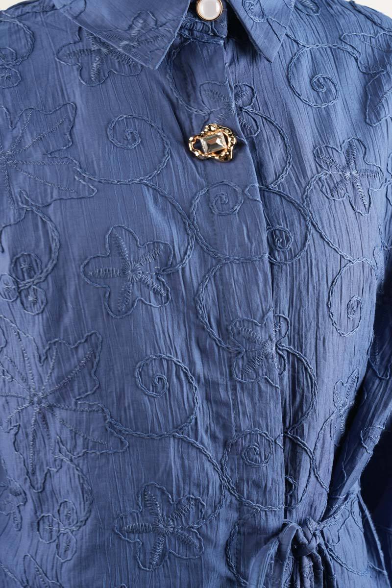 Tesettür Takım Kendinden Çiçek Kabartmalı Desenli Etekli İkili Takım Mavi - 5