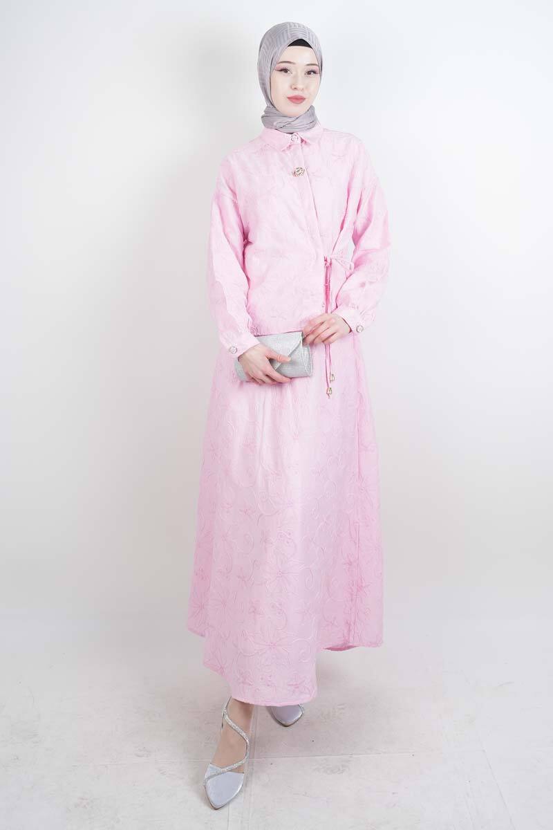 Tesettür Takım Kendinden Çiçek Kabartmalı Desenli Etekli İkili Takım Pembe - 1