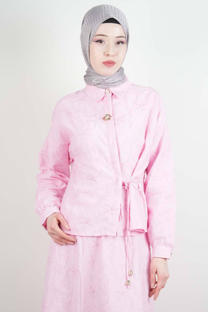 Tesettür Takım Kendinden Çiçek Kabartmalı Desenli Etekli İkili Takım Pembe - 4