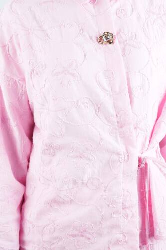 Tesettür Takım Kendinden Çiçek Kabartmalı Desenli Etekli İkili Takım Pembe - 5