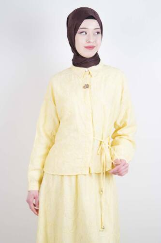 Tesettür Takım Kendinden Çiçek Kabartmalı Desenli Etekli İkili Takım Sarı - 3