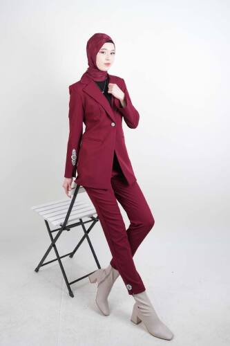 Tesettür Takım Kol Paça Taş Detaylı Blazer İkili Takım Bordo - 03Kız Kulesi Teks