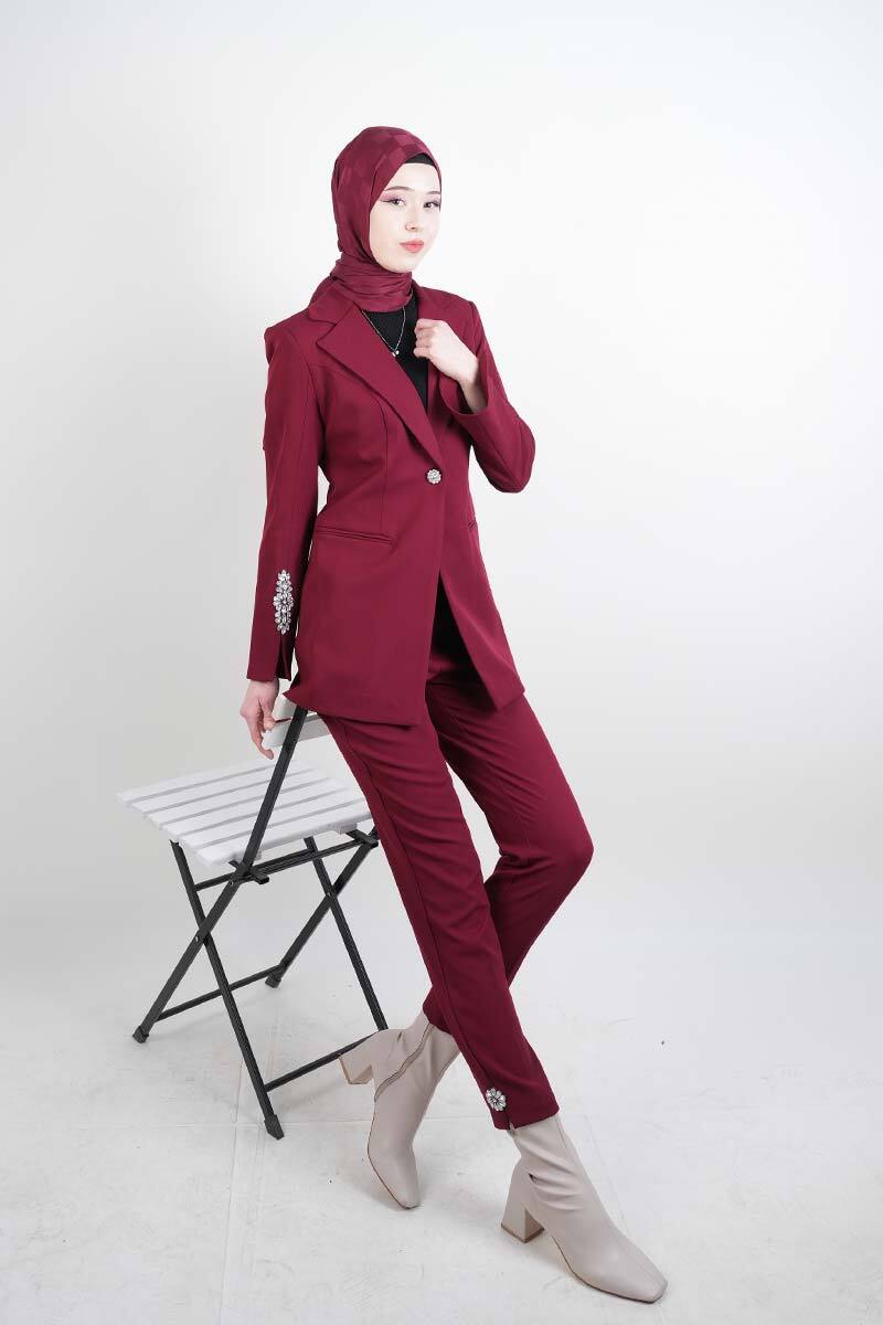 Tesettür Takım Kol Paça Taş Detaylı Blazer İkili Takım Bordo - 1