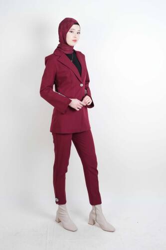 Tesettür Takım Kol Paça Taş Detaylı Blazer İkili Takım Bordo - 03Kız Kulesi Teks (1)