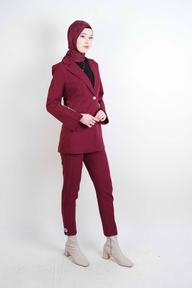 Tesettür Takım Kol Paça Taş Detaylı Blazer İkili Takım Bordo - 2