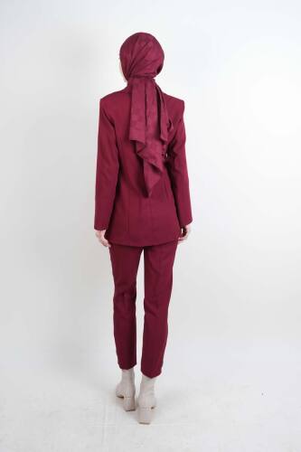 Tesettür Takım Kol Paça Taş Detaylı Blazer İkili Takım Bordo - 3