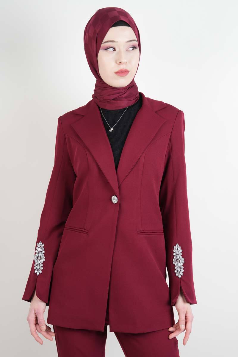 Tesettür Takım Kol Paça Taş Detaylı Blazer İkili Takım Bordo - 4