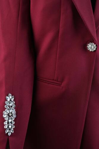 Tesettür Takım Kol Paça Taş Detaylı Blazer İkili Takım Bordo - 5