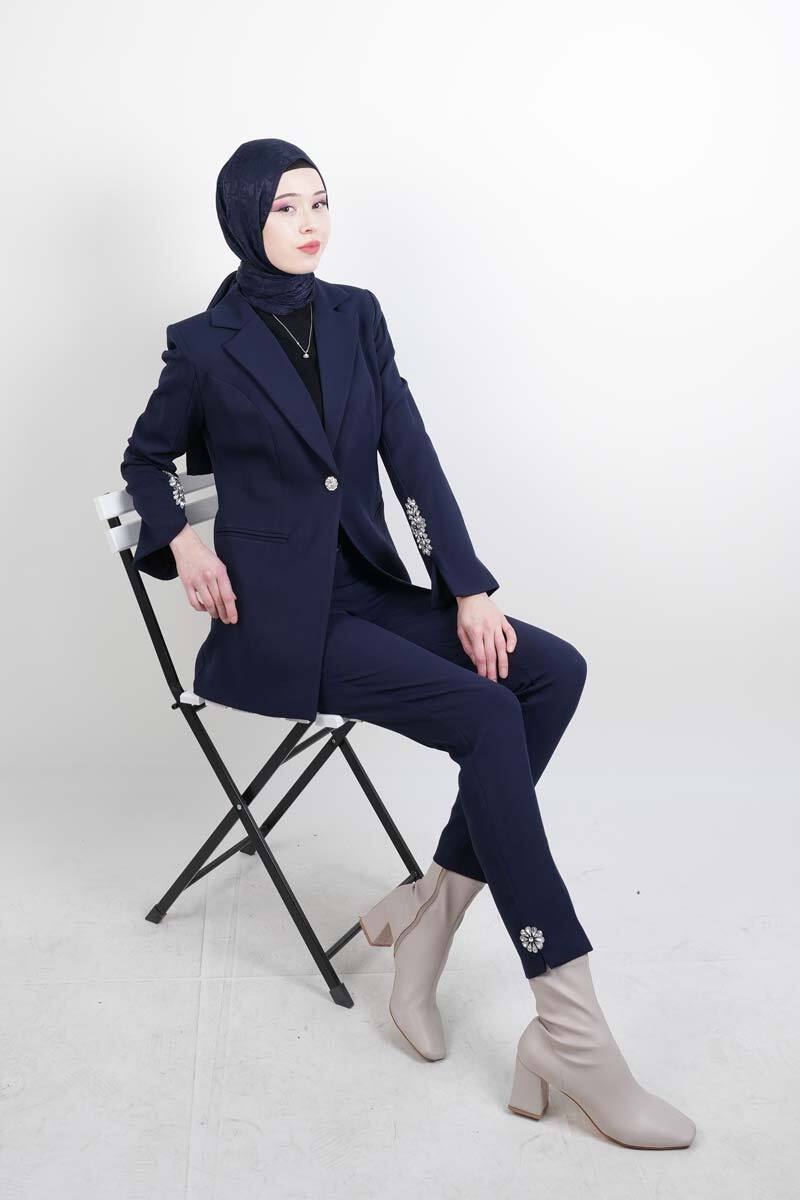 Tesettür Takım Kol Paça Taş Detaylı Blazer İkili Takım Lacivert - 1