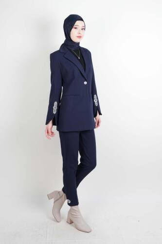 Tesettür Takım Kol Paça Taş Detaylı Blazer İkili Takım Lacivert - 03Kız Kulesi Teks (1)