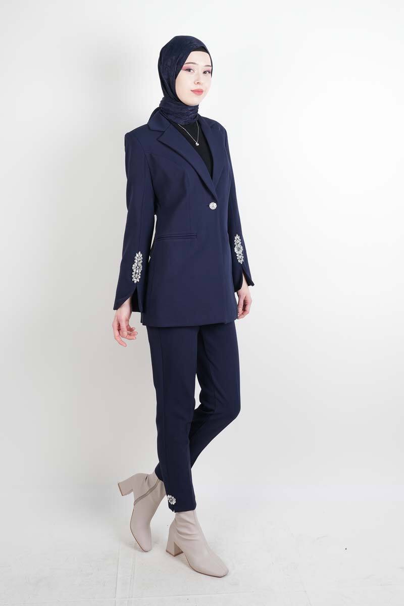 Tesettür Takım Kol Paça Taş Detaylı Blazer İkili Takım Lacivert - 2