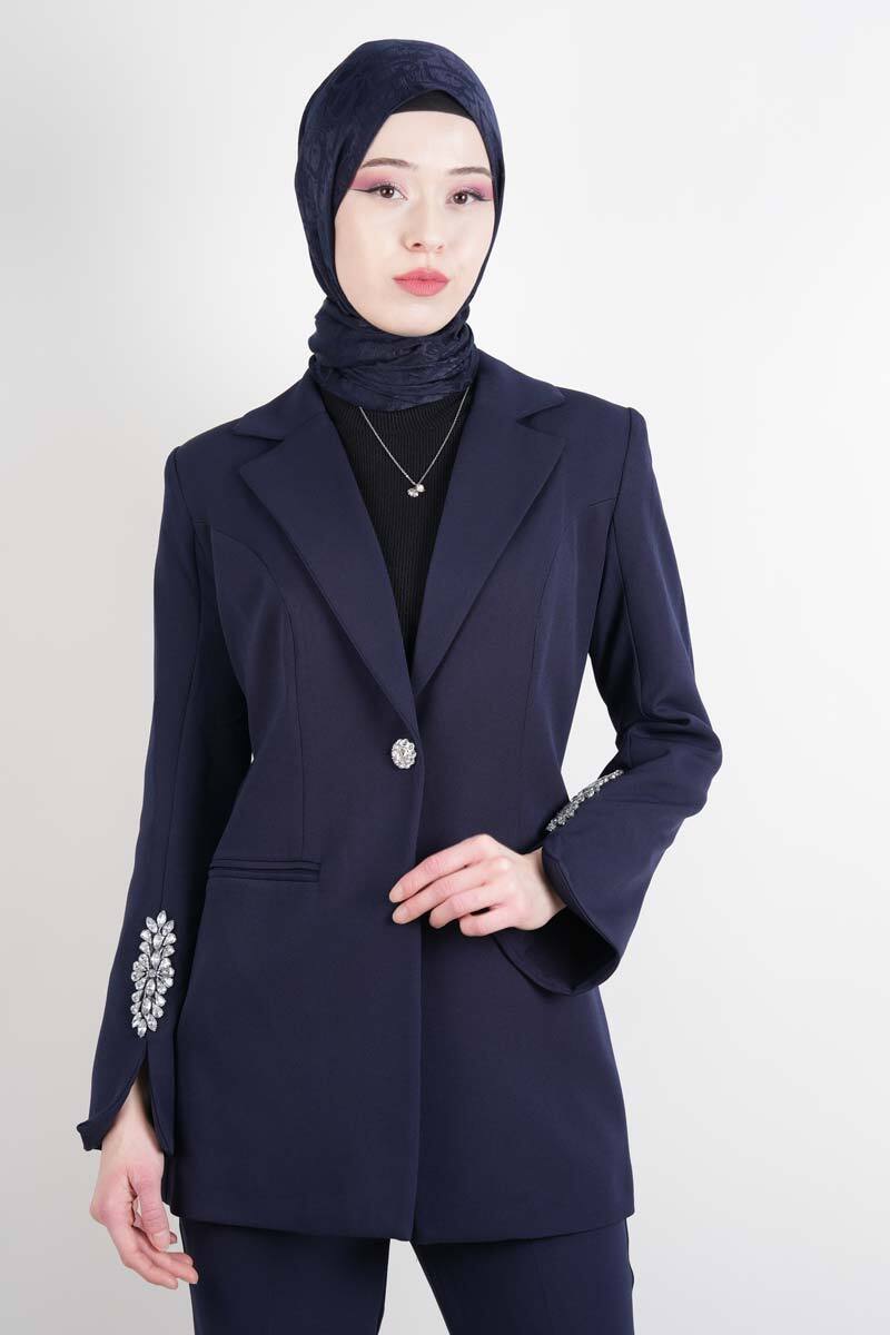 Tesettür Takım Kol Paça Taş Detaylı Blazer İkili Takım Lacivert - 3