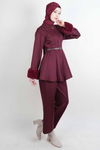 Tesettür Takım Kol Seyyar Kürklü Bel Kemerli Scuba İkili Takım Bordo 