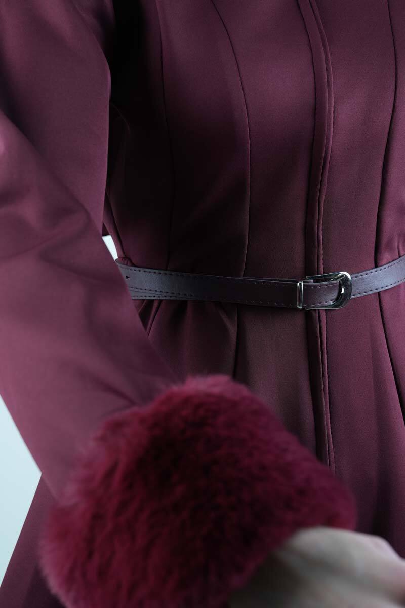 Tesettür Takım Kol Seyyar Kürklü Bel Kemerli Scuba İkili Takım Bordo - 4