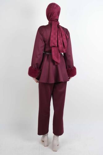 Tesettür Takım Kol Seyyar Kürklü Bel Kemerli Scuba İkili Takım Bordo - 03Kız Kulesi Teks (1)