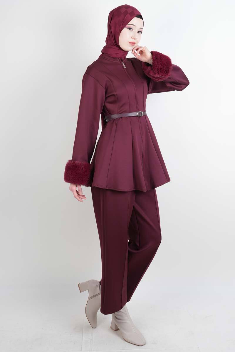 Tesettür Takım Kol Seyyar Kürklü Bel Kemerli Scuba İkili Takım Bordo - 1