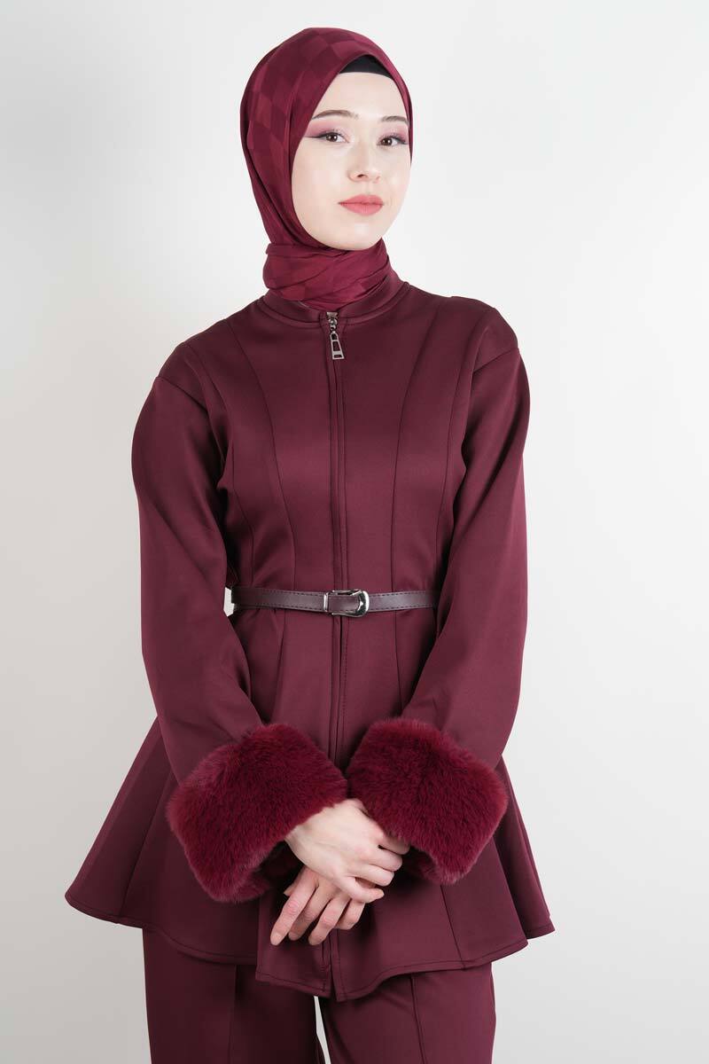 Tesettür Takım Kol Seyyar Kürklü Bel Kemerli Scuba İkili Takım Bordo - 3