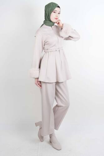 Tesettür Takım Kol Seyyar Kürklü Bel Kemerli Scuba İkili Takım Krem - 2