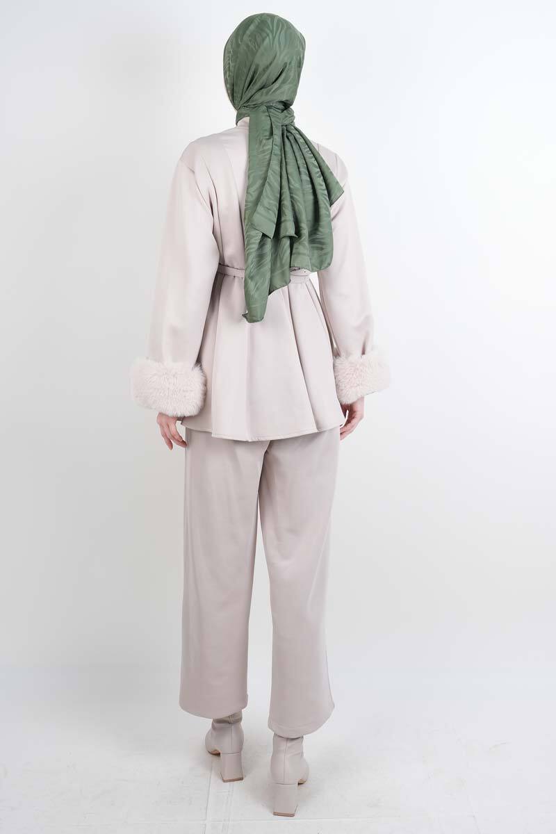 Tesettür Takım Kol Seyyar Kürklü Bel Kemerli Scuba İkili Takım Krem - 3