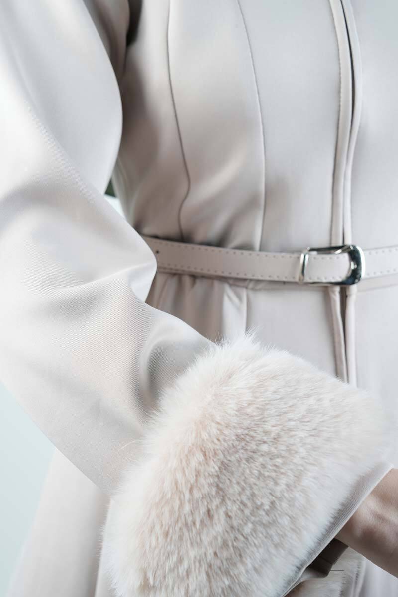 Tesettür Takım Kol Seyyar Kürklü Bel Kemerli Scuba İkili Takım Krem - 5