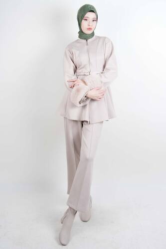 Tesettür Takım Kol Seyyar Kürklü Bel Kemerli Scuba İkili Takım Krem - 1