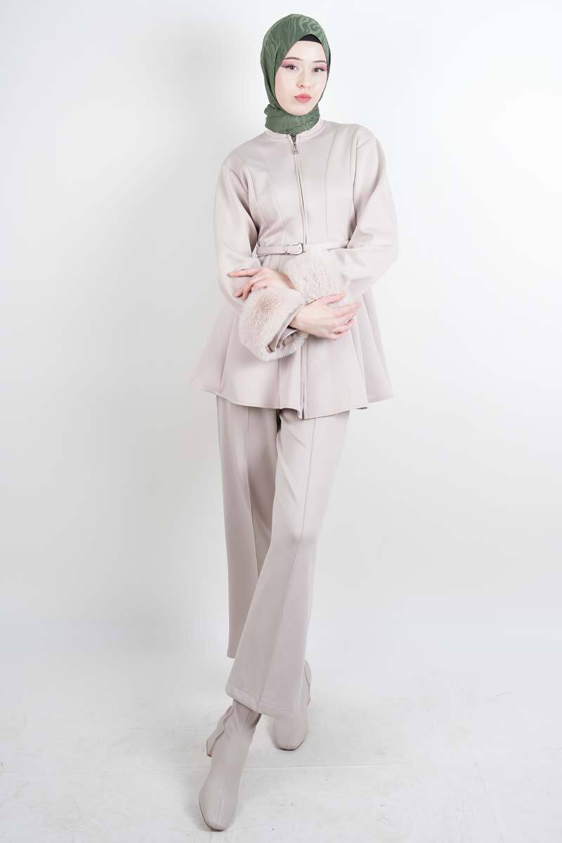 Tesettür Takım Kol Seyyar Kürklü Bel Kemerli Scuba İkili Takım Krem - 1
