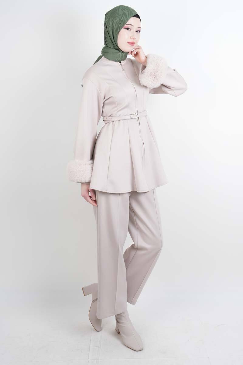 Tesettür Takım Kol Seyyar Kürklü Bel Kemerli Scuba İkili Takım Krem - 2